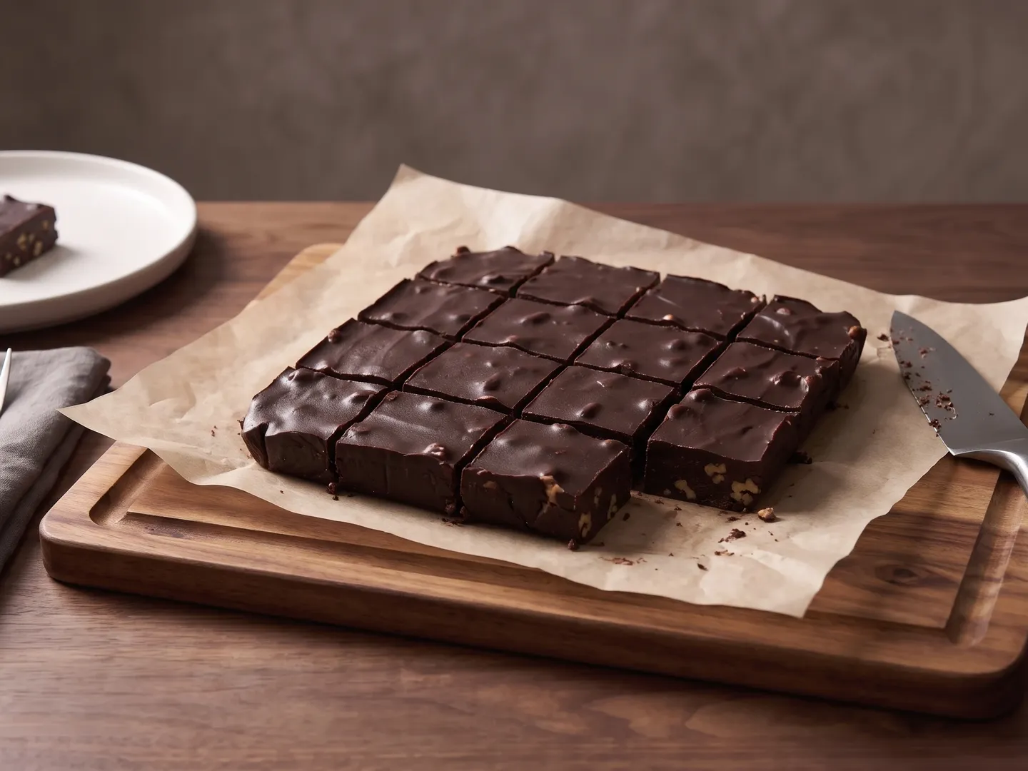 Chocolate walnut fudge cut into squares on a board, with one square on a plate beside it