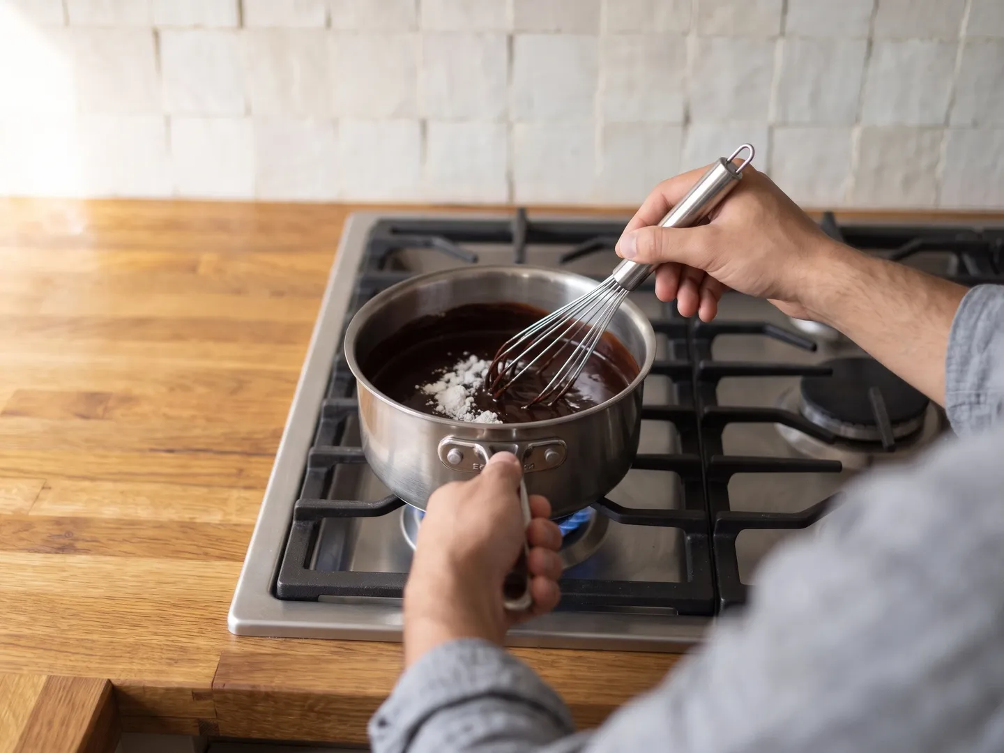 Whisking powdered allulose into melted chocolate