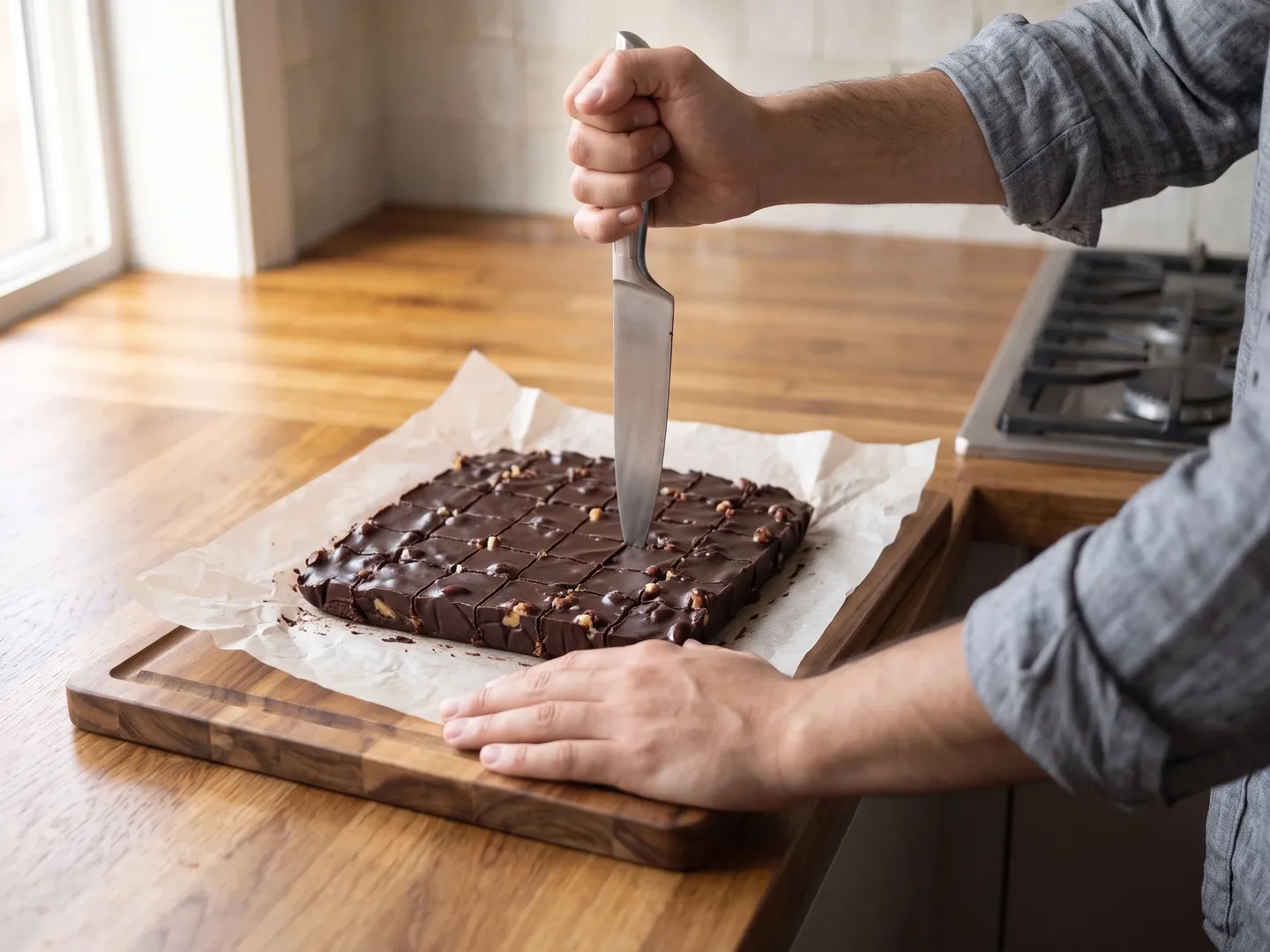 Cutting chocolate walnut fudge into squares