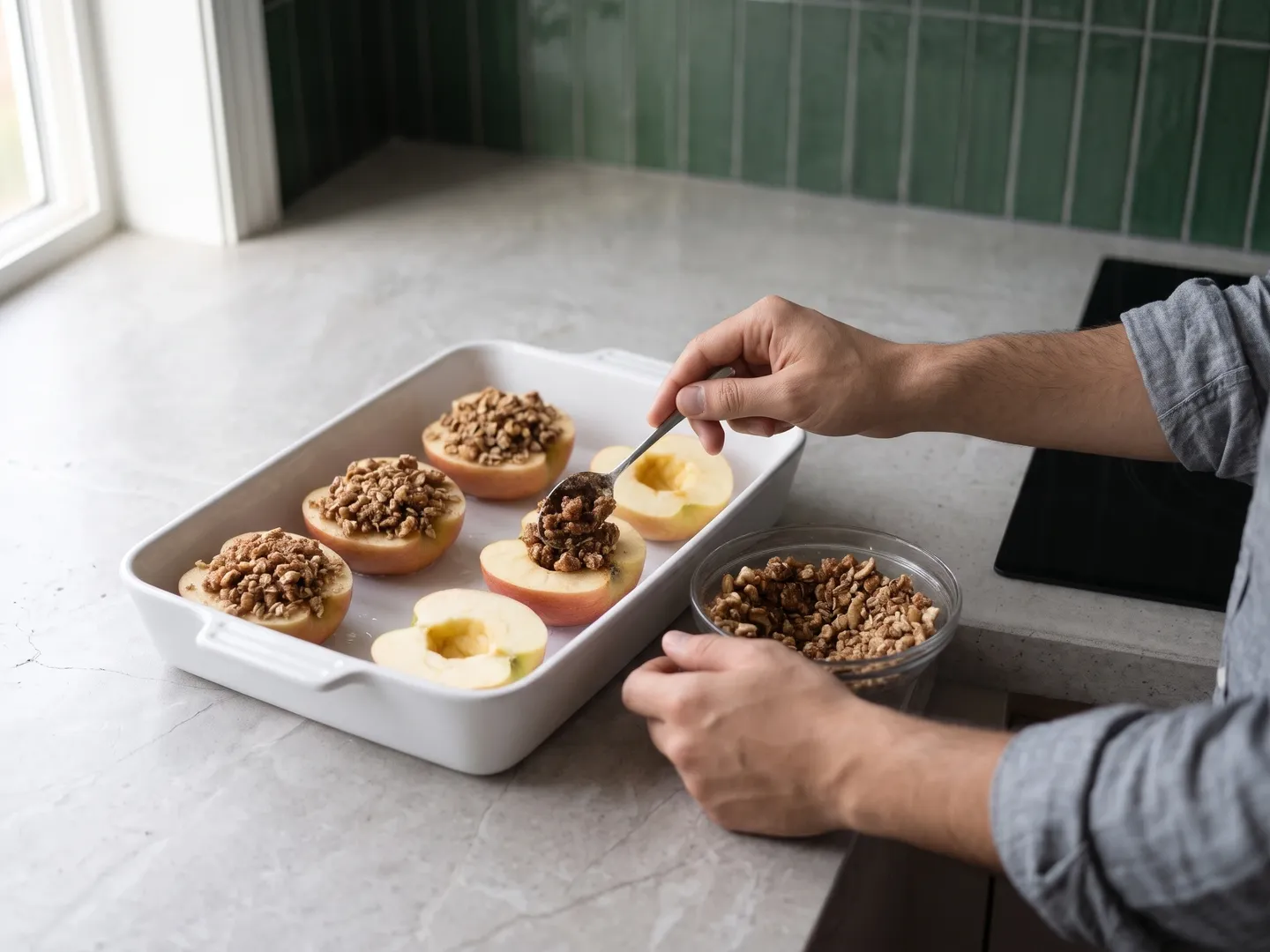 Filling apple halves with walnut oat topping