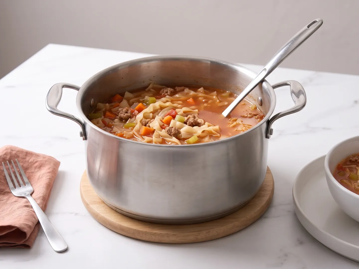 Pot of cabbage soup with turkey, with a bowl served beside it