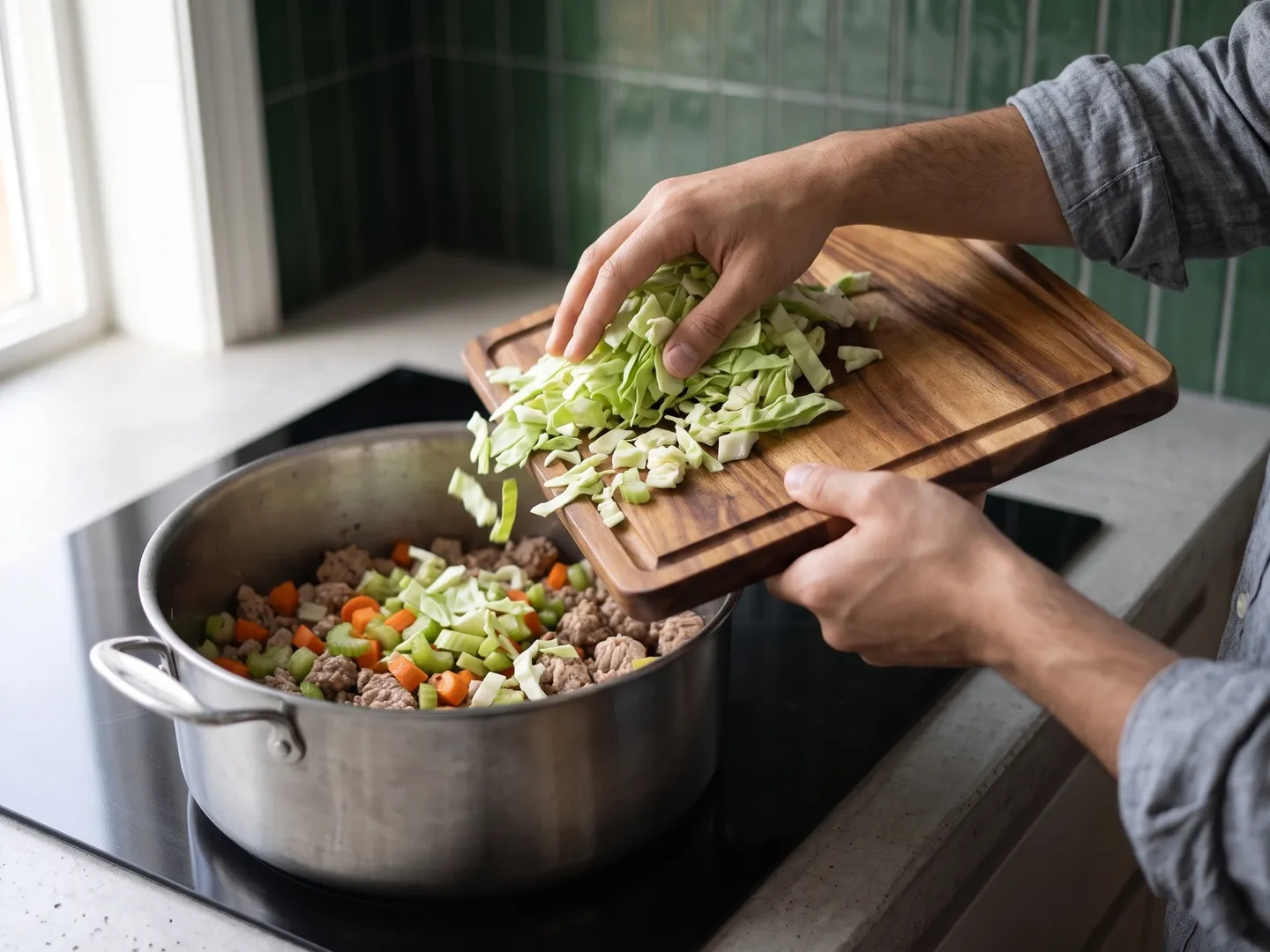 Adding cabbage to the soup pot