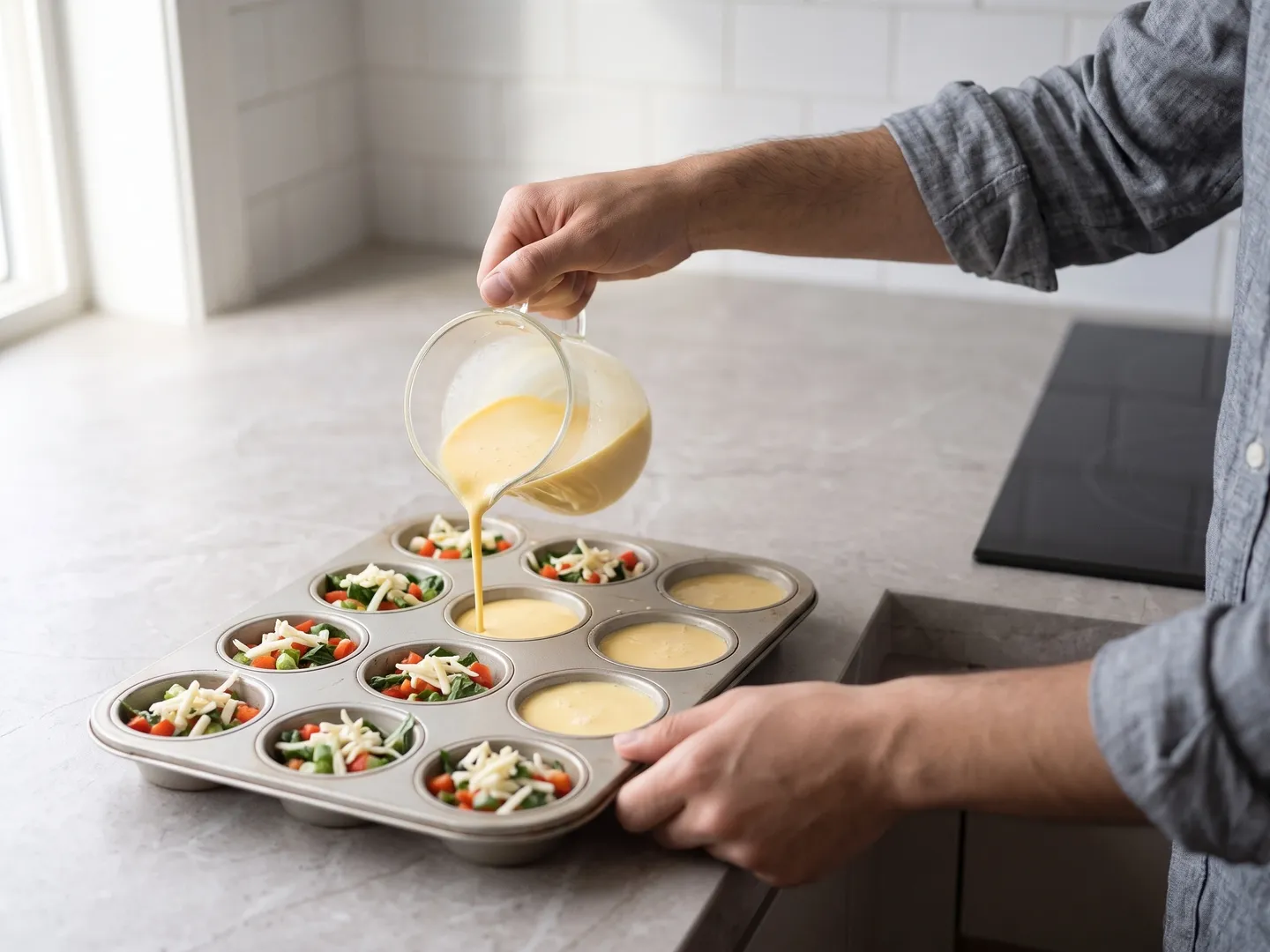 Pouring egg mixture into a muffin pan