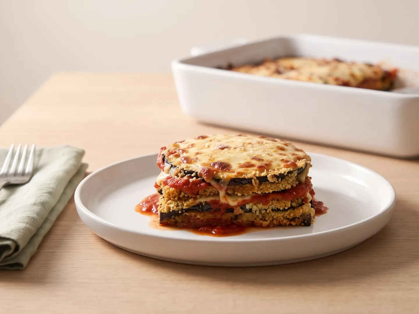 Eggplant parmesan seen at table level, its layers showing