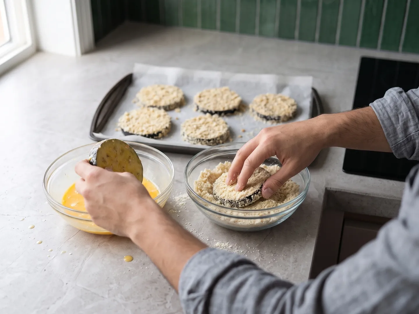 Breading eggplant slices with almond flour
