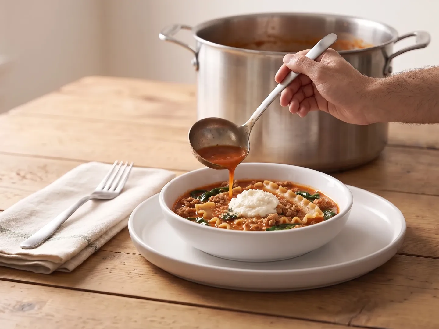 Ladling lighter lasagna soup into a bowl
