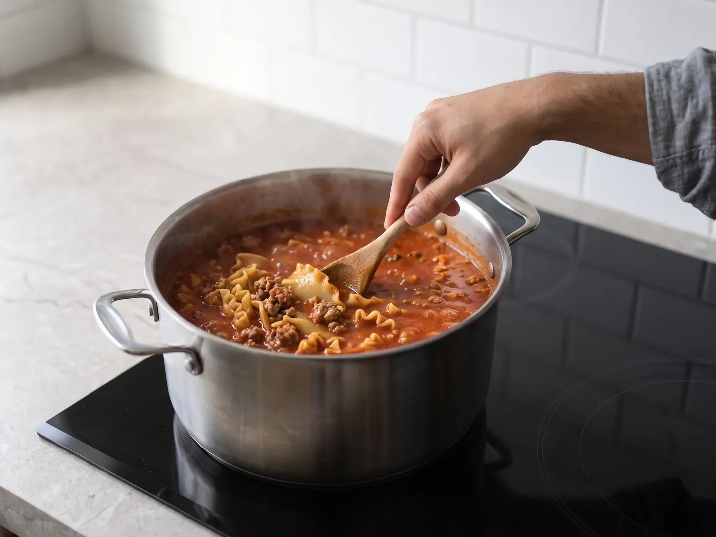 Simmering lasagna noodles in the soup