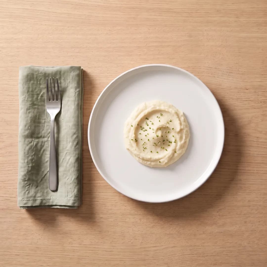 Serving of mashed cauliflower with chives on a white plate