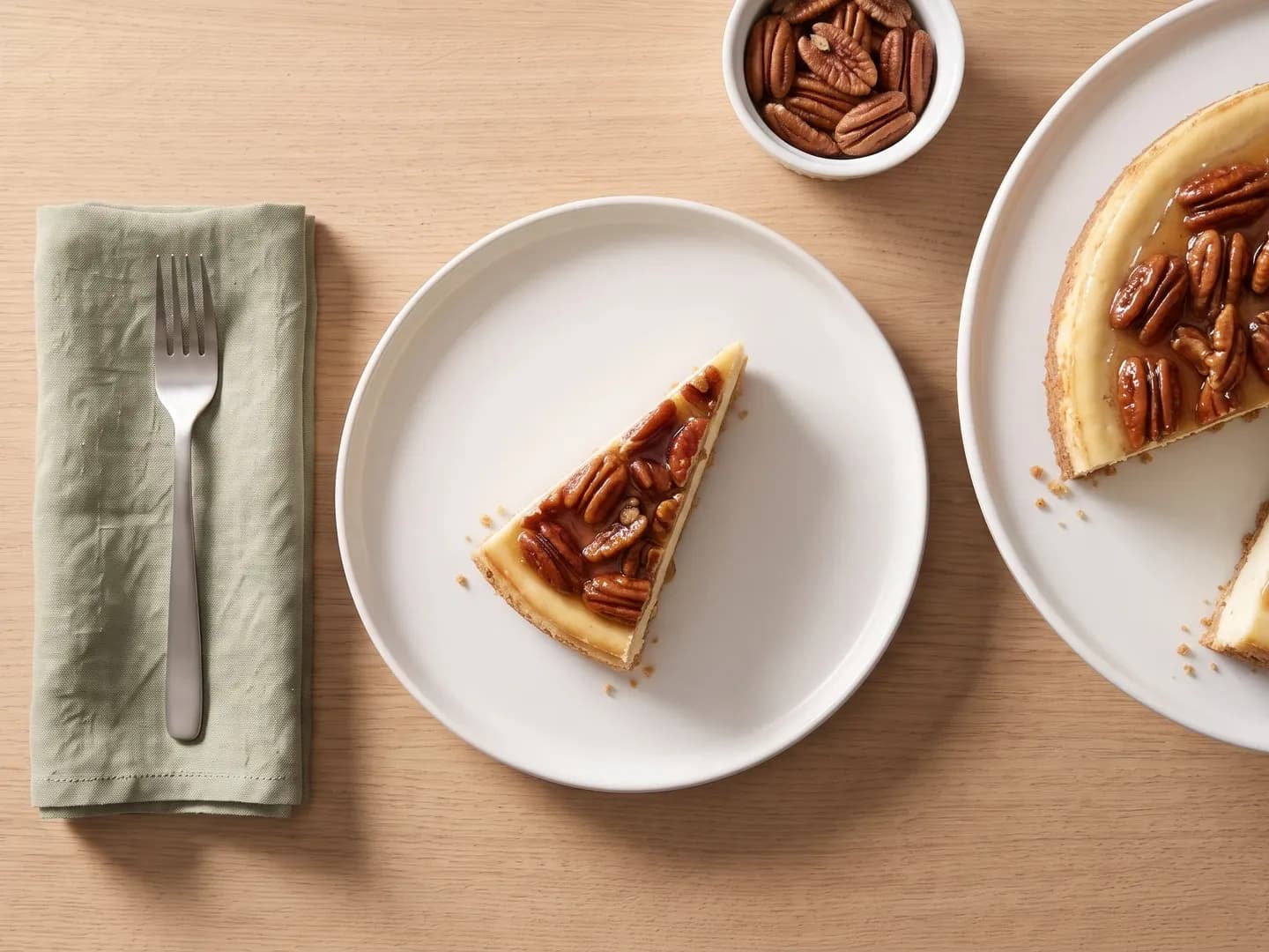 Pecan pie cheesecake and a served slice, seen from above