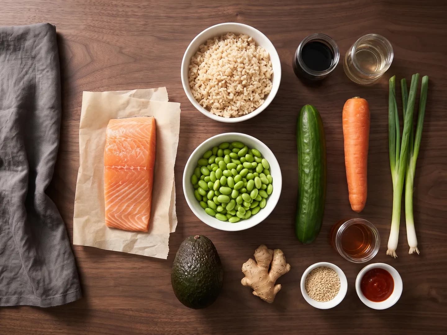 Ingredients for a salmon bowl