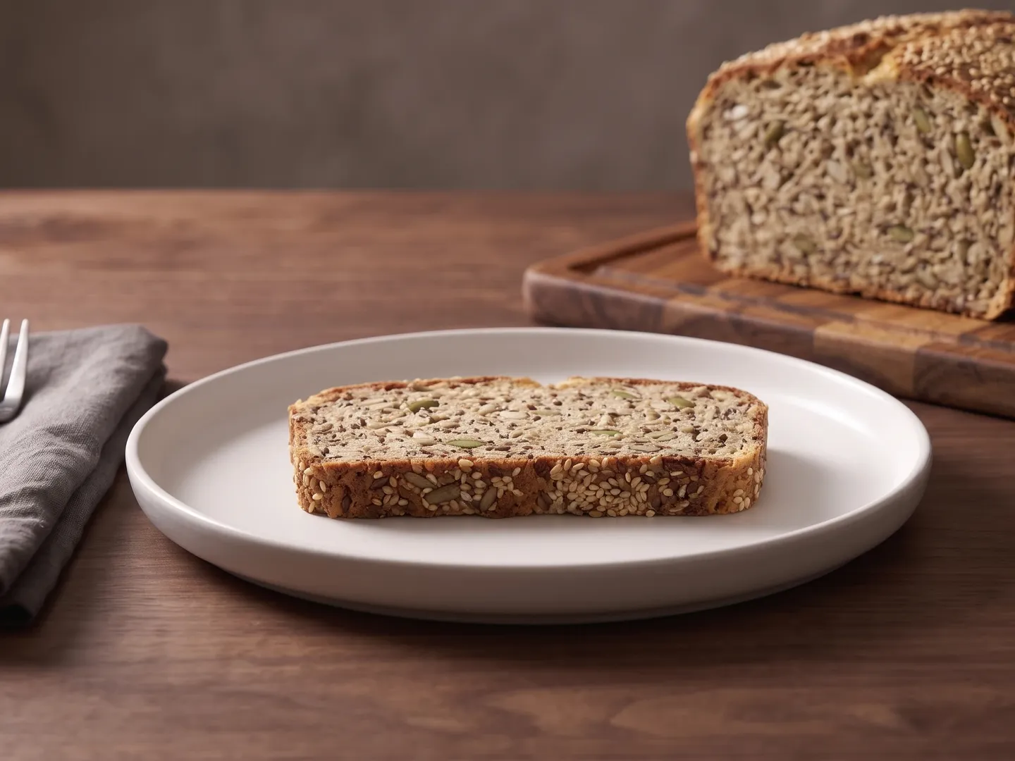 Slice of seeded low-carb bread at table level with the loaf behind