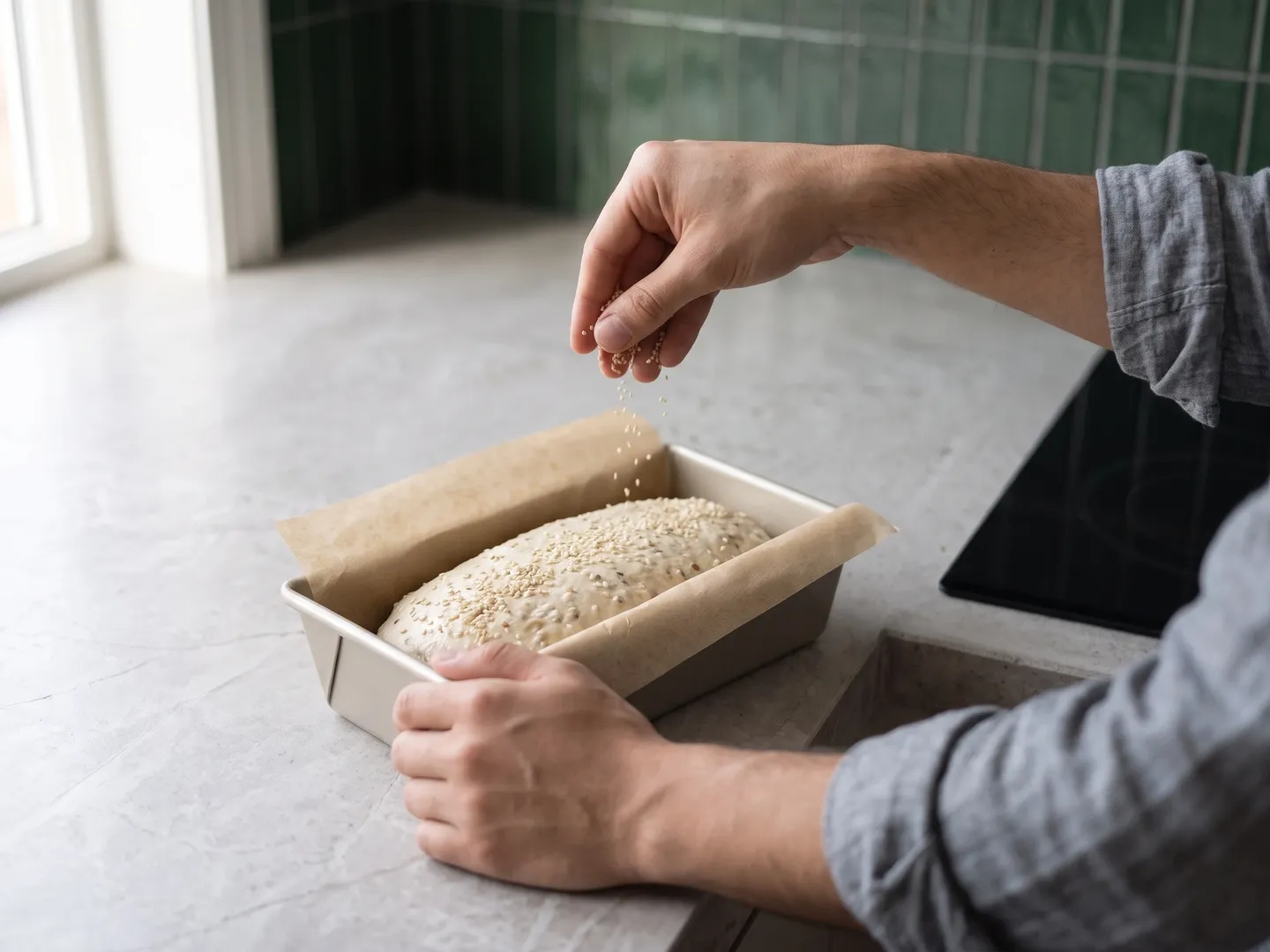 Sprinkling sesame seeds over the unbaked loaf