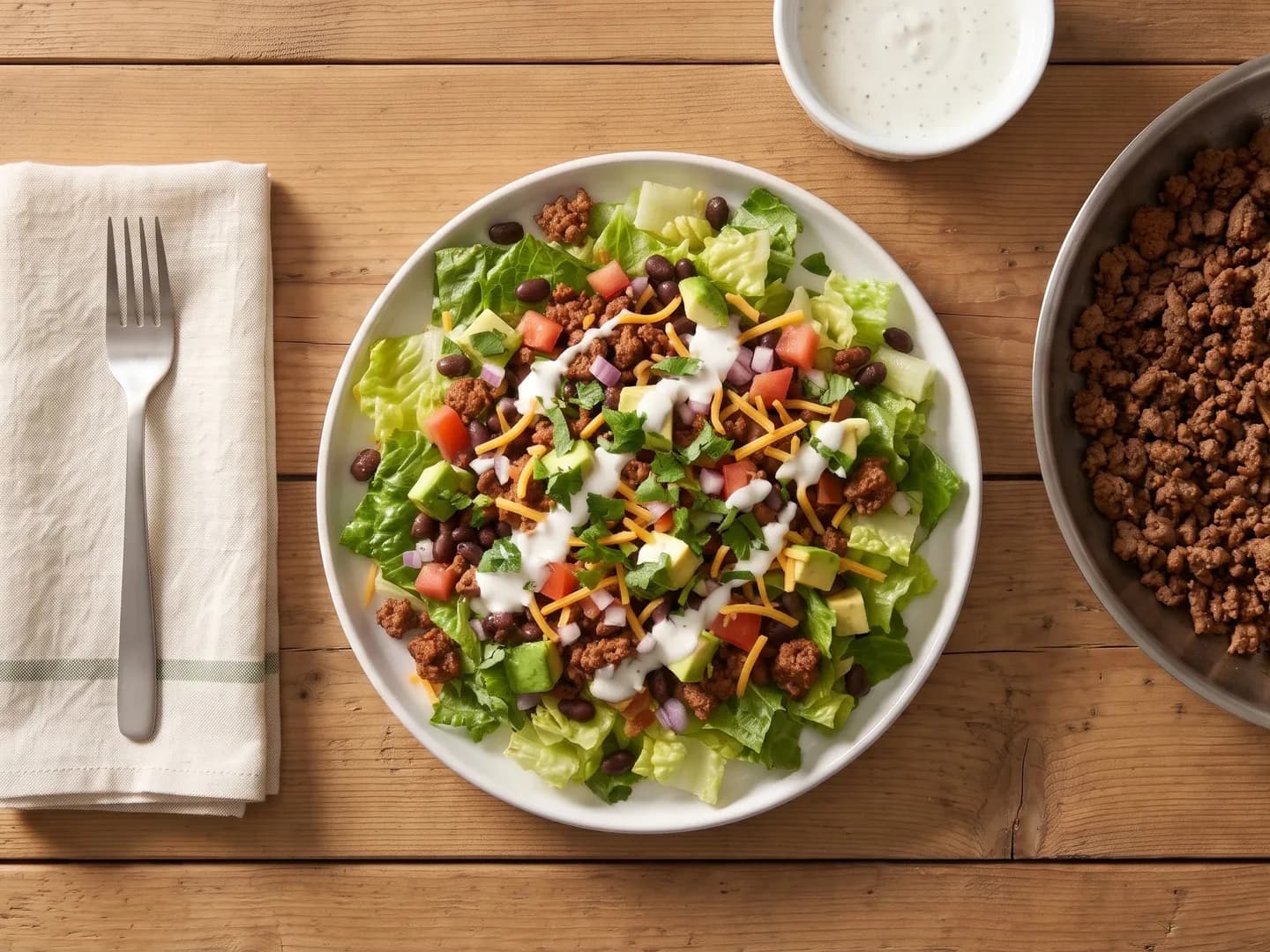 Taco salad beside the skillet of seasoned beef, seen from above