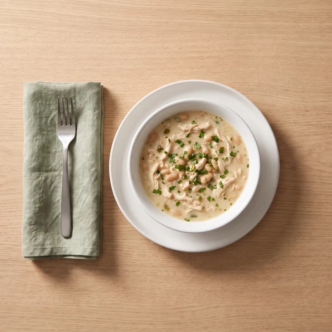 Bowl of white chicken chili with cilantro