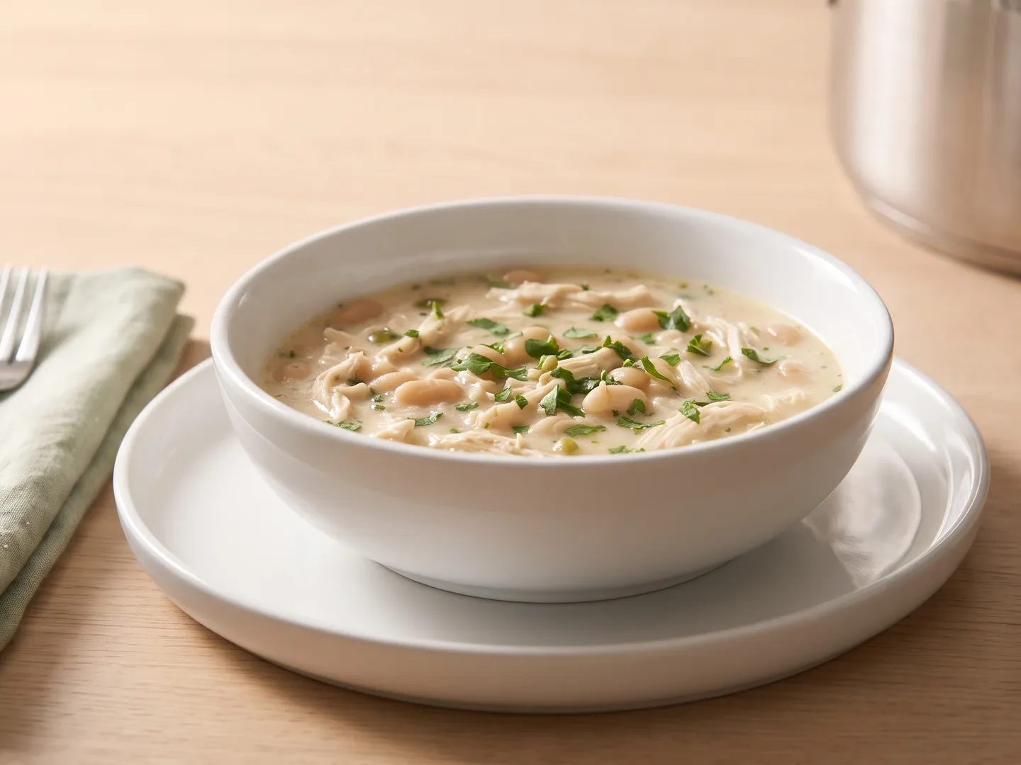 Close-up of a bowl of white chicken chili