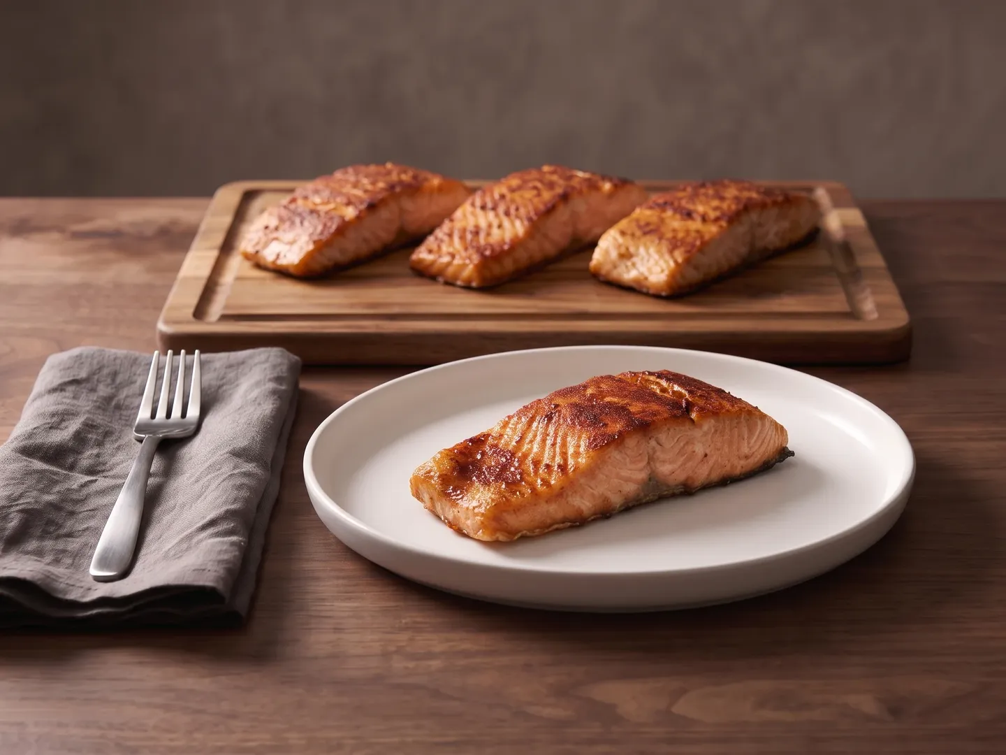 Air fryer salmon fillet on a plate with more fillets behind