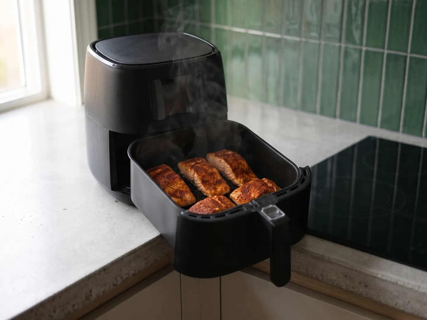 Salmon fillets in an air fryer basket