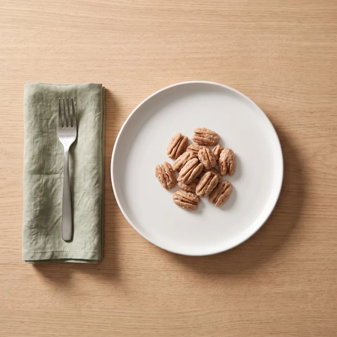 Small pile of allulose-sweetened candied pecans on a white plate
