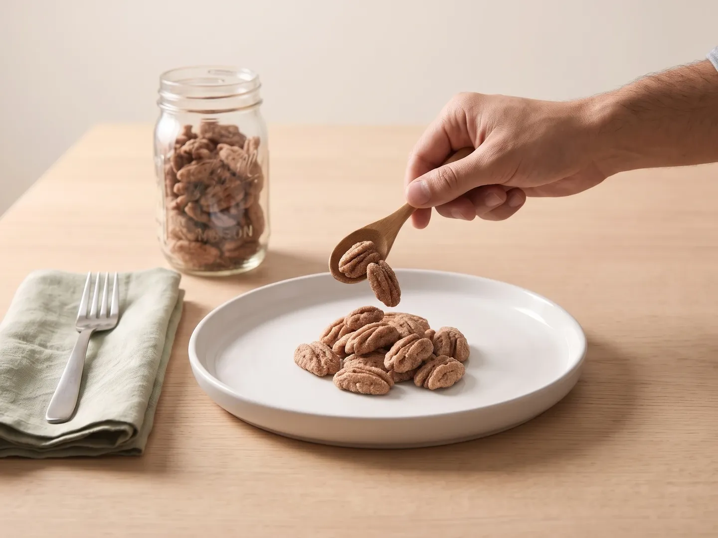 A hand adding candied pecans to a plate, with a jar of more pecans behind
