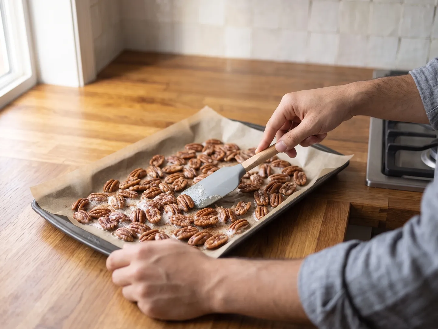 Spreading coated pecans on a sheet pan