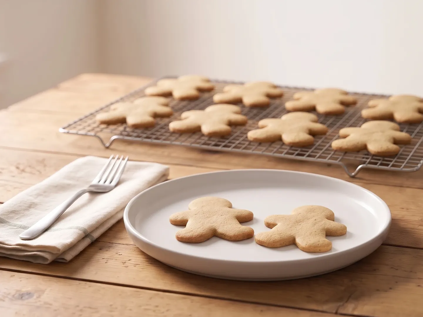 Gingerbread cookies on a plate with more cookies on a cooling rack behind