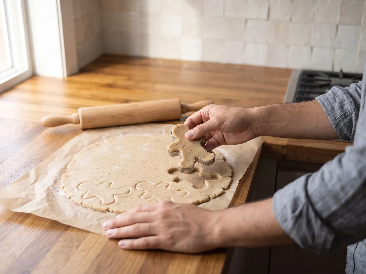Cutting gingerbread dough into gingerbread people