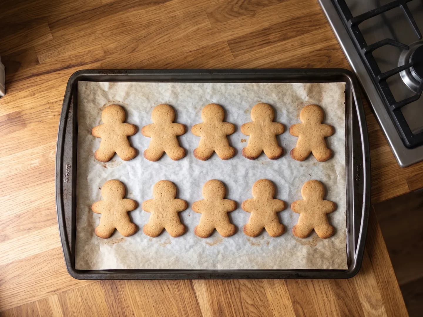 Baked gingerbread cookies on a sheet pan
