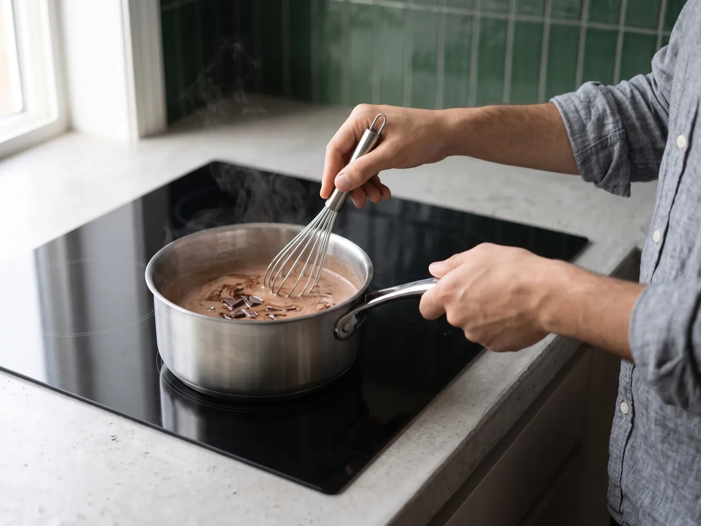 Whisking hot chocolate in a saucepan