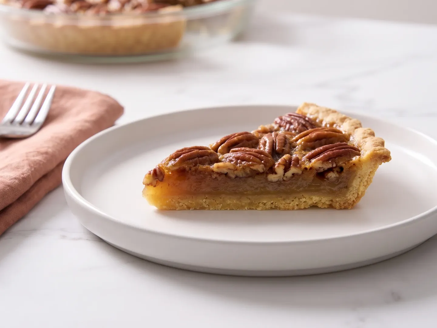Close-up of a slice of pecan pie with its pecan top and set amber filling