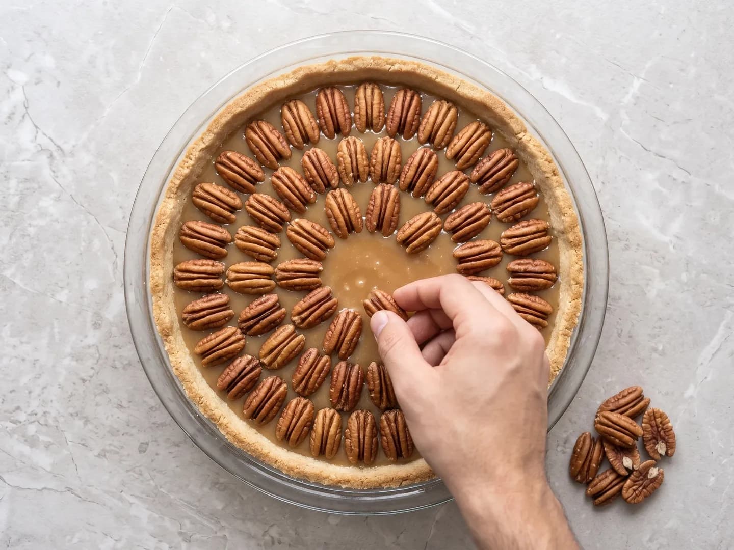 Arranging pecans on the pie