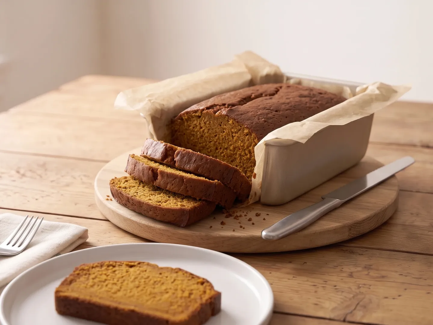 Pumpkin bread in its loaf pan with slices cut and one on a plate
