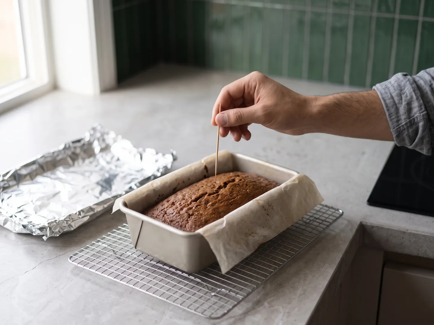Testing pumpkin bread with a toothpick