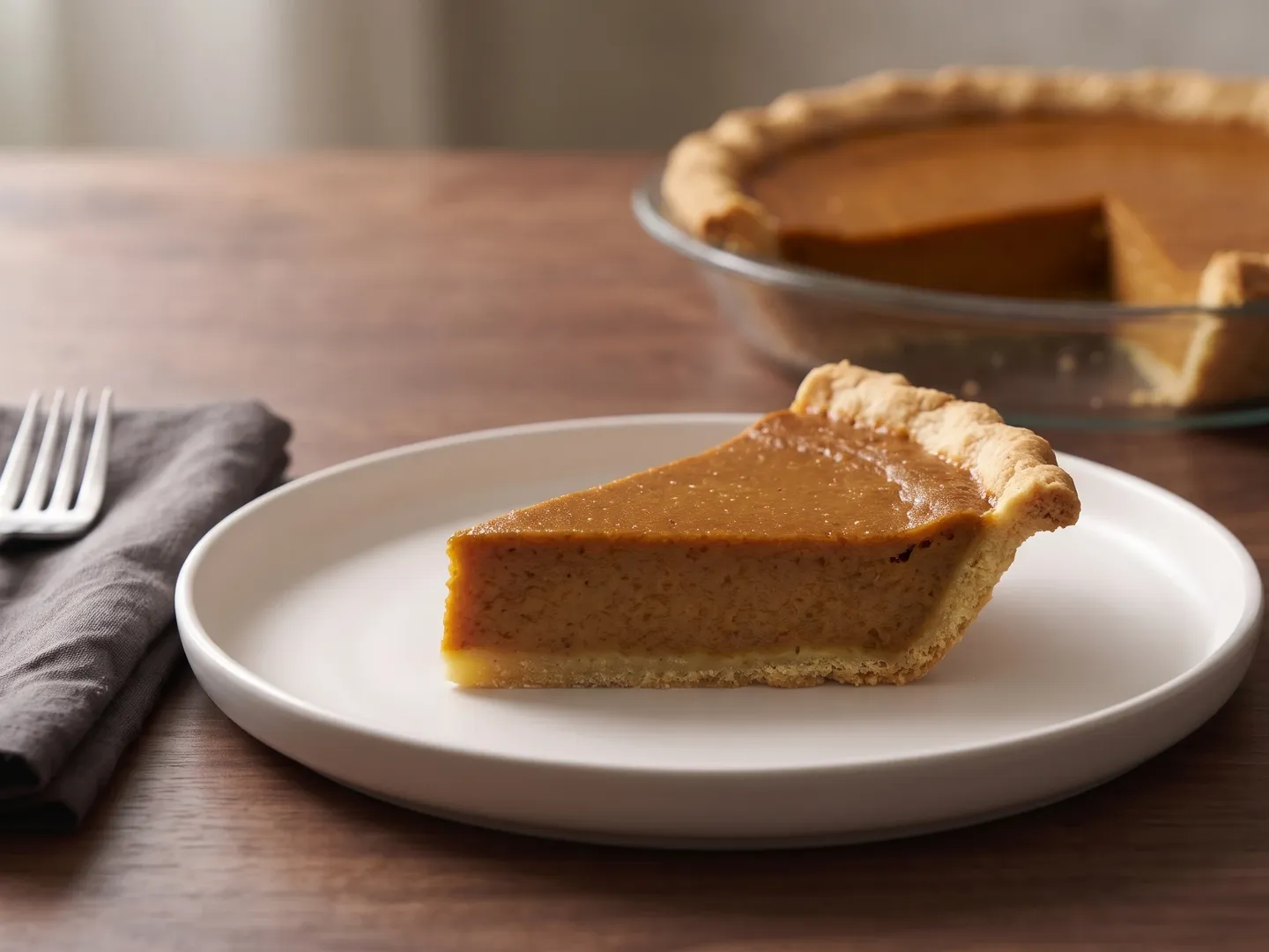 Slice of pumpkin pie seen at table level, its smooth set filling and golden crust