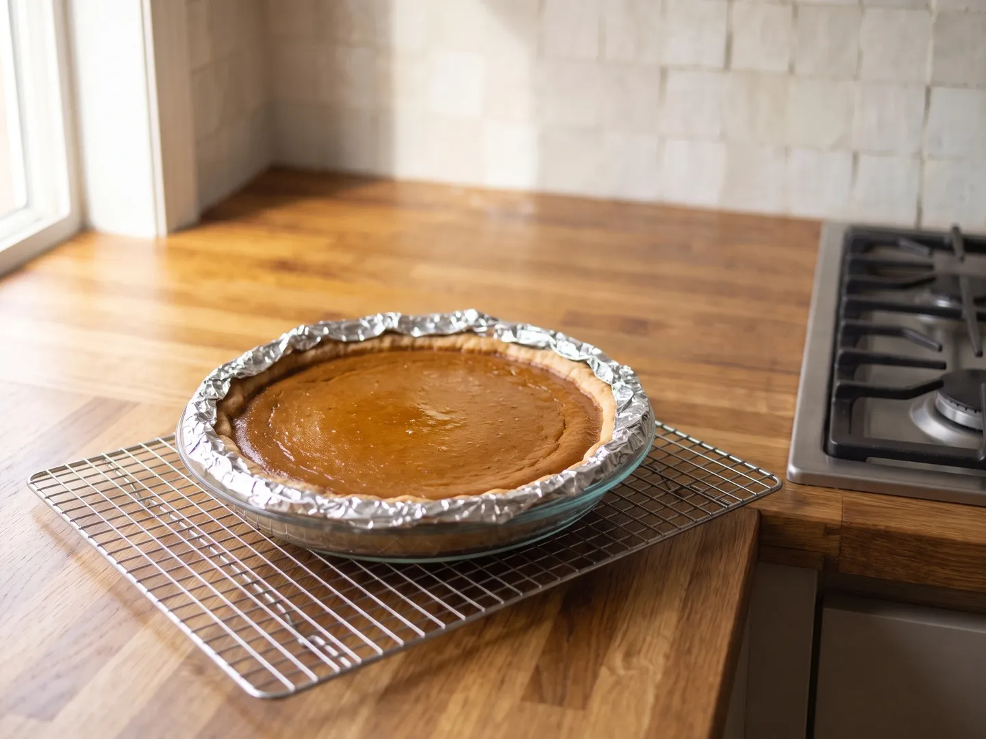 Baked pumpkin pie with a set edge and a slightly soft center