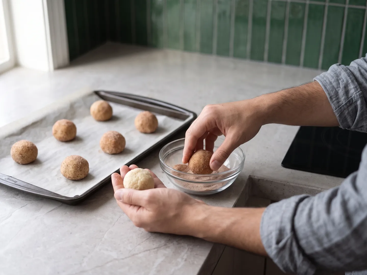 Rolling snickerdoodle dough balls in cinnamon coating