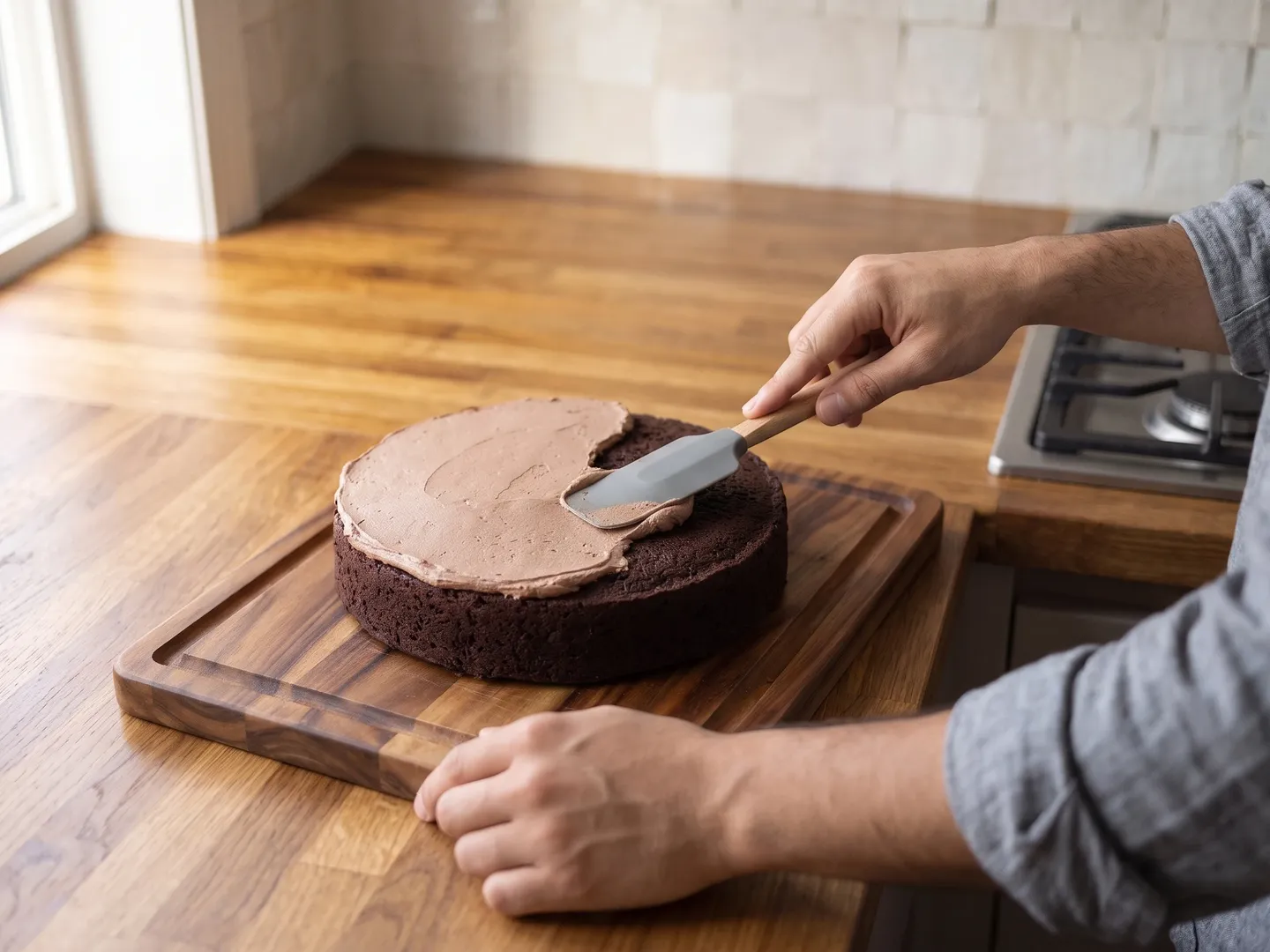 Spreading cocoa frosting on a chocolate cake