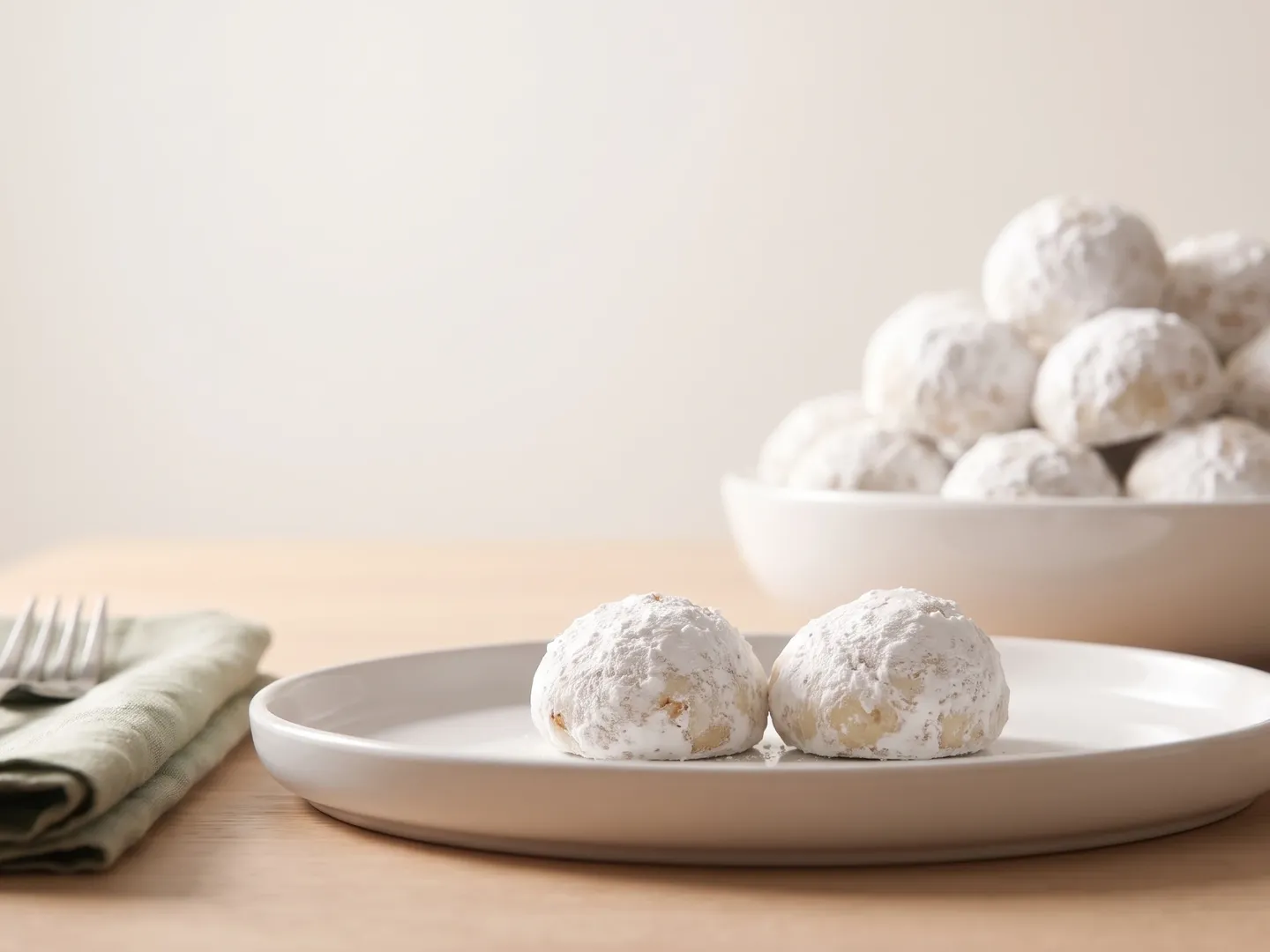 Two snowball cookies on a plate seen at table level, with a bowl of more cookies behind