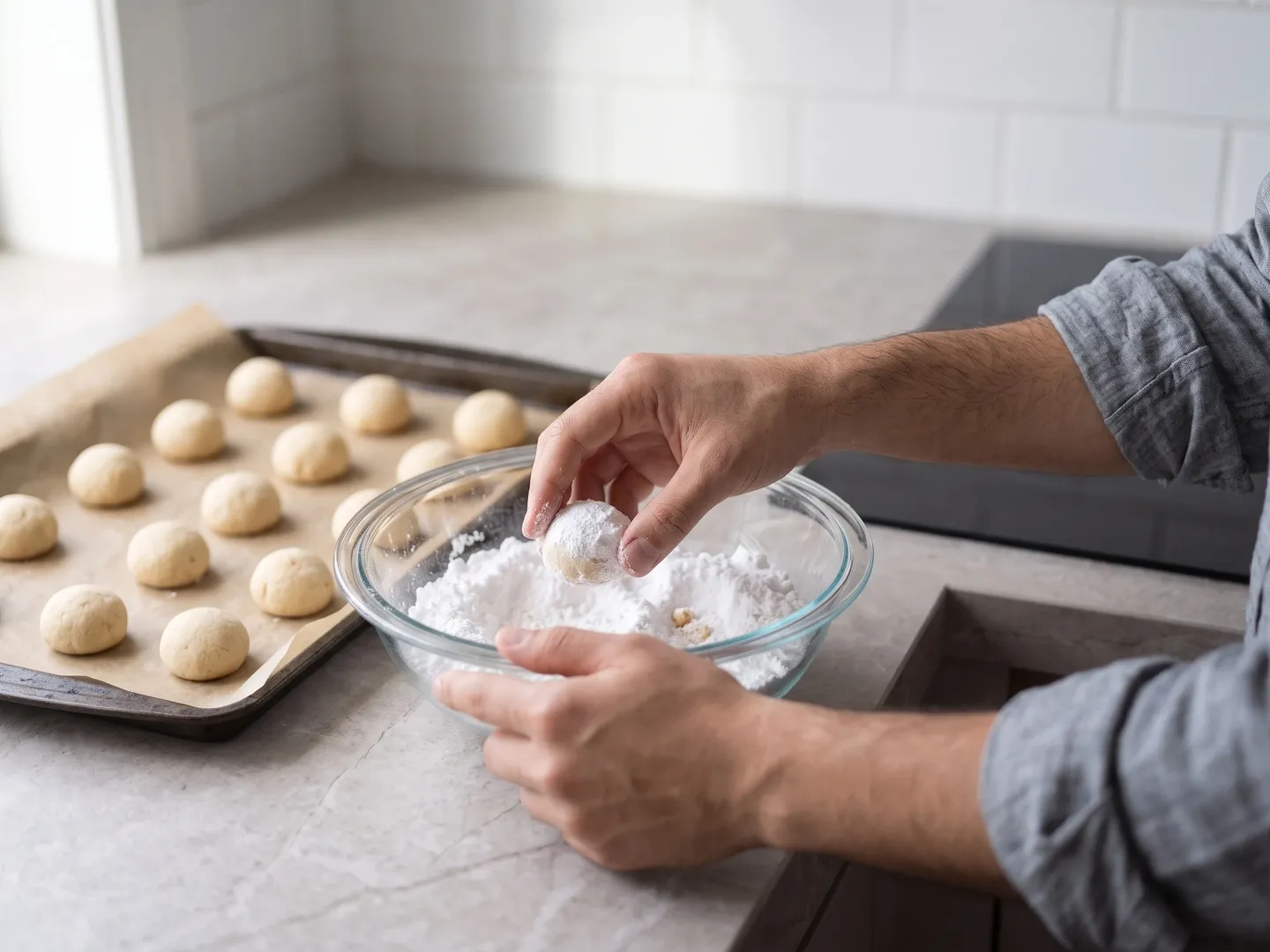 Rolling warm snowball cookies in powdered allulose