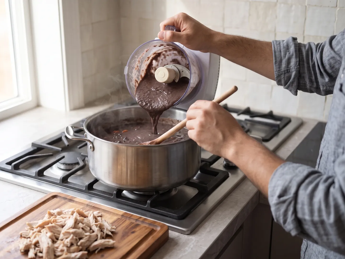 Stirring blended beans back into black bean soup