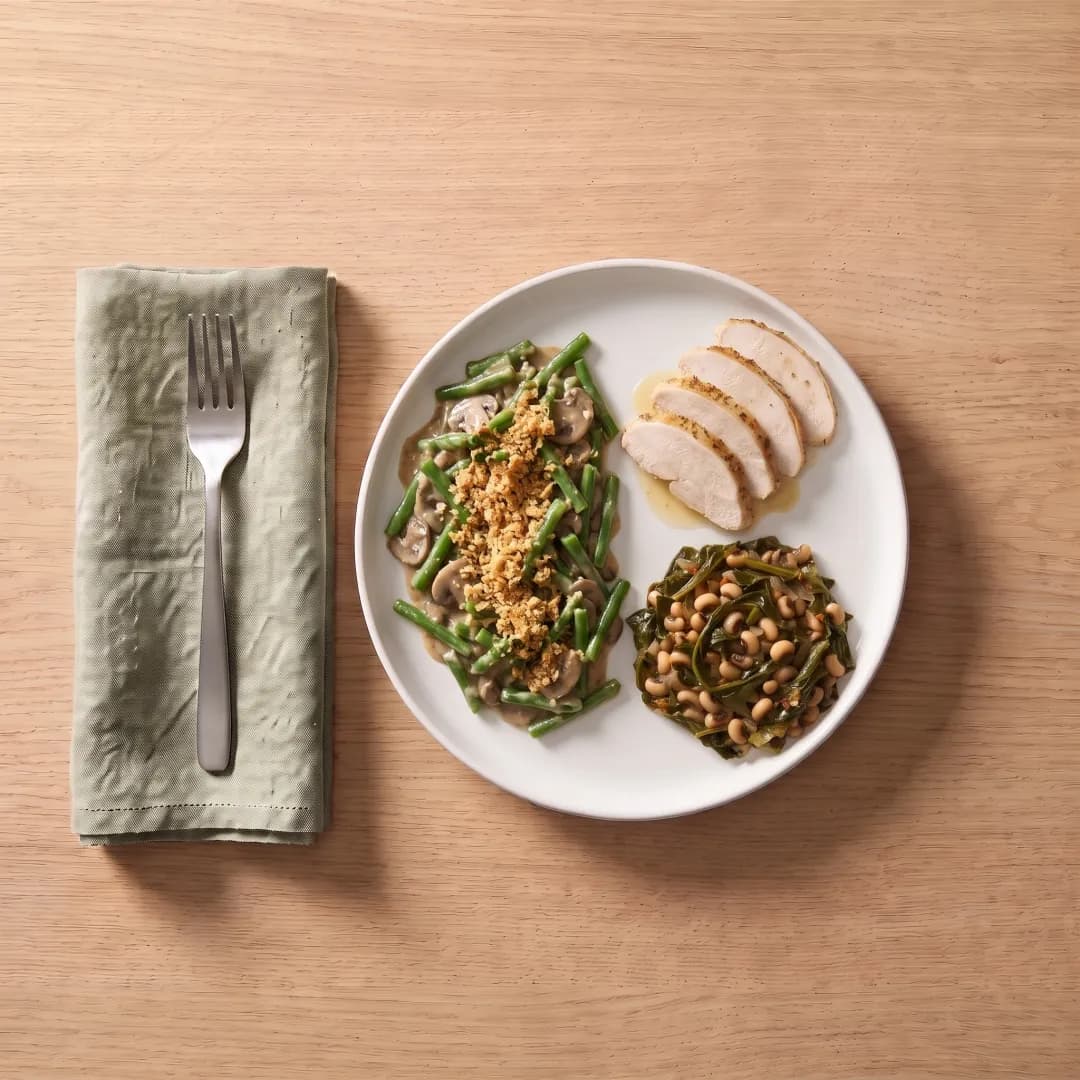 New Year plate with turkey, green beans and black-eyed peas