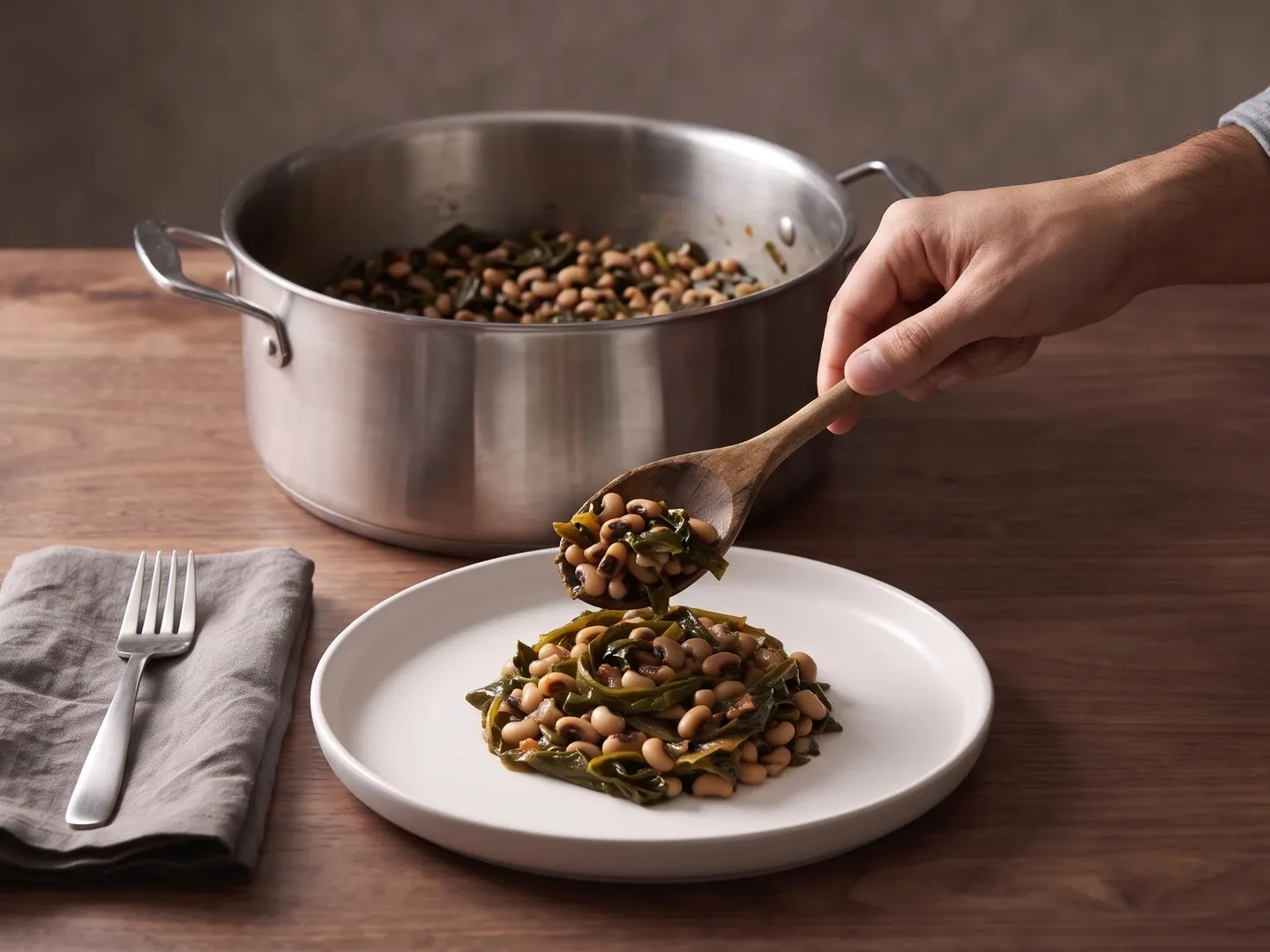 Serving black-eyed peas and collard greens from the pot onto a plate