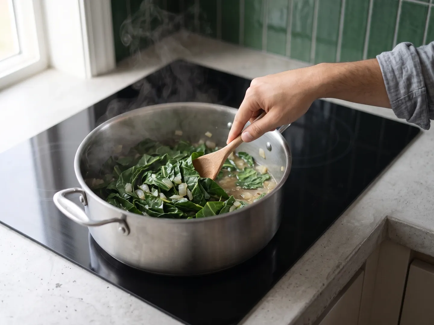 Simmering collard greens in a pot