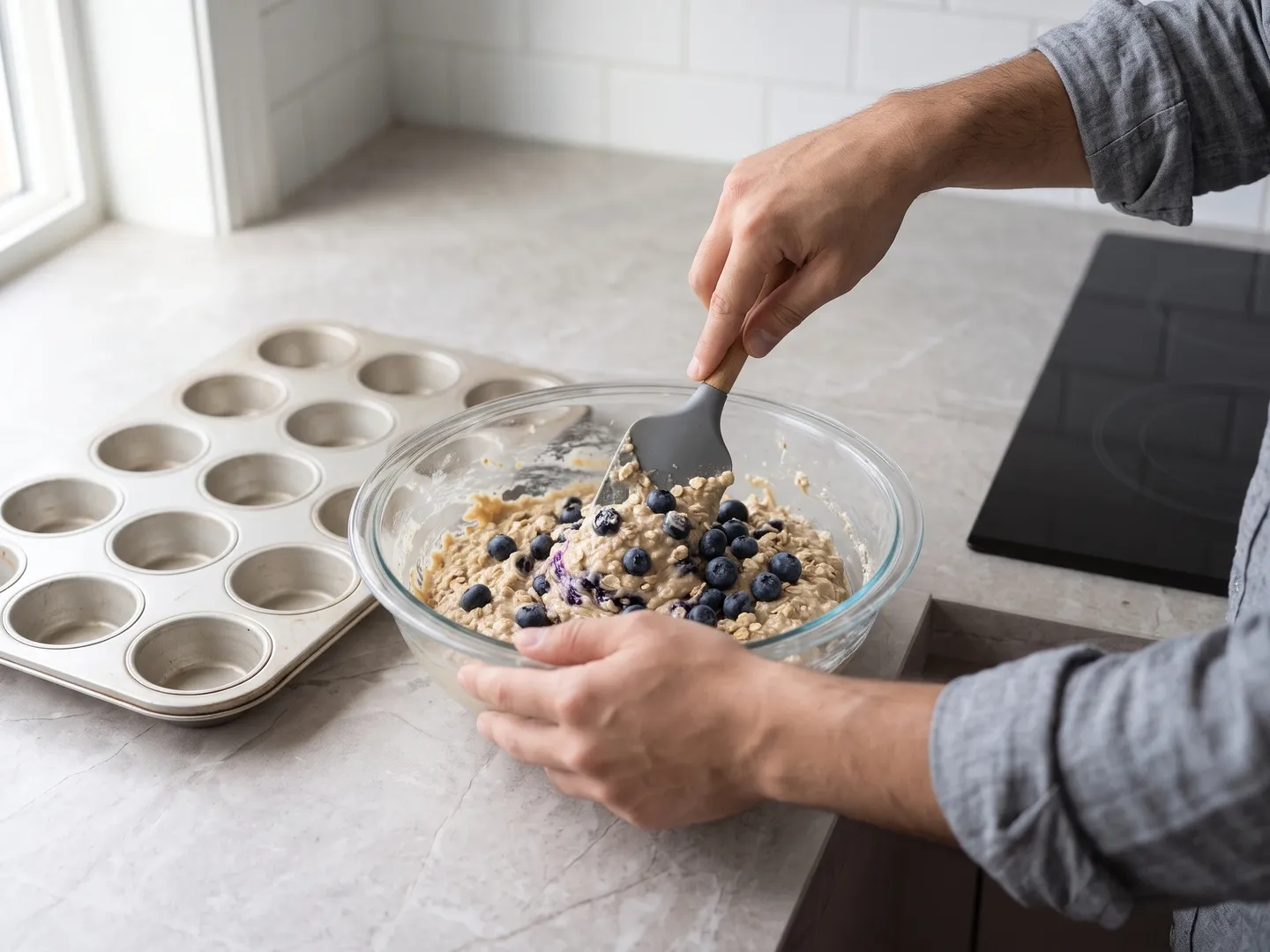 Folding blueberries into muffin batter