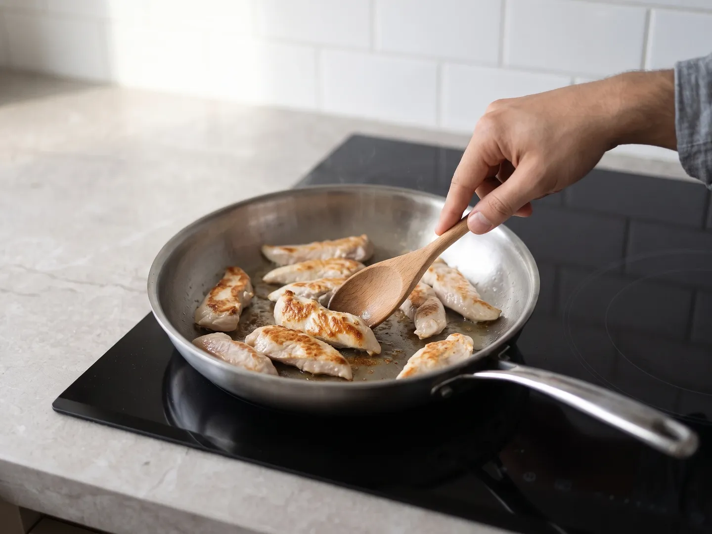 Searing chicken strips in a skillet