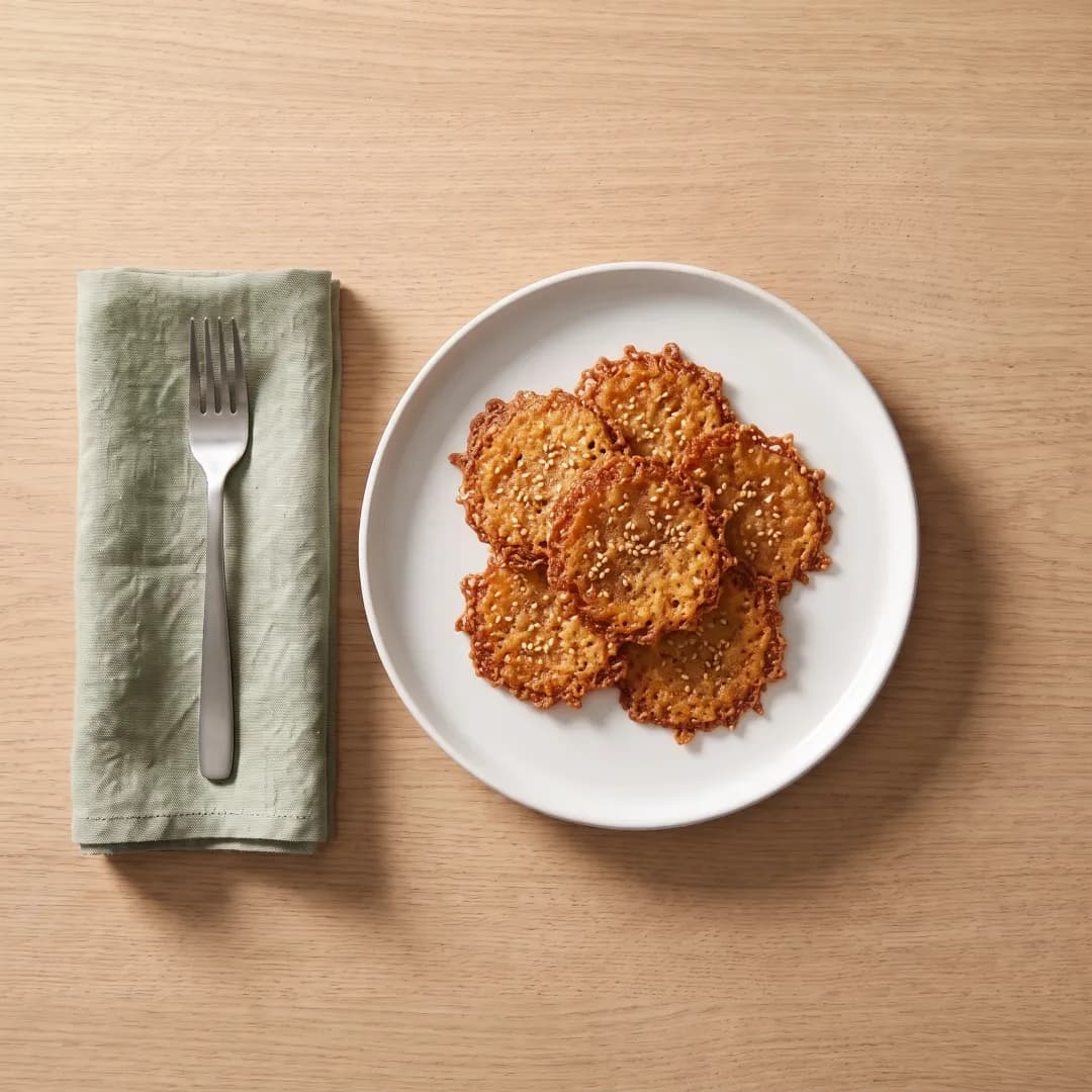 Six crispy cottage cheese chips with sesame seeds