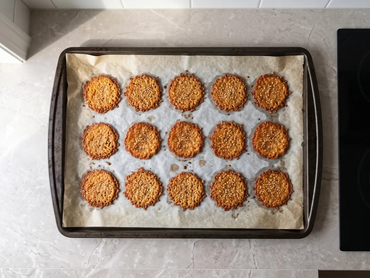 Baked cottage cheese chips on a sheet pan