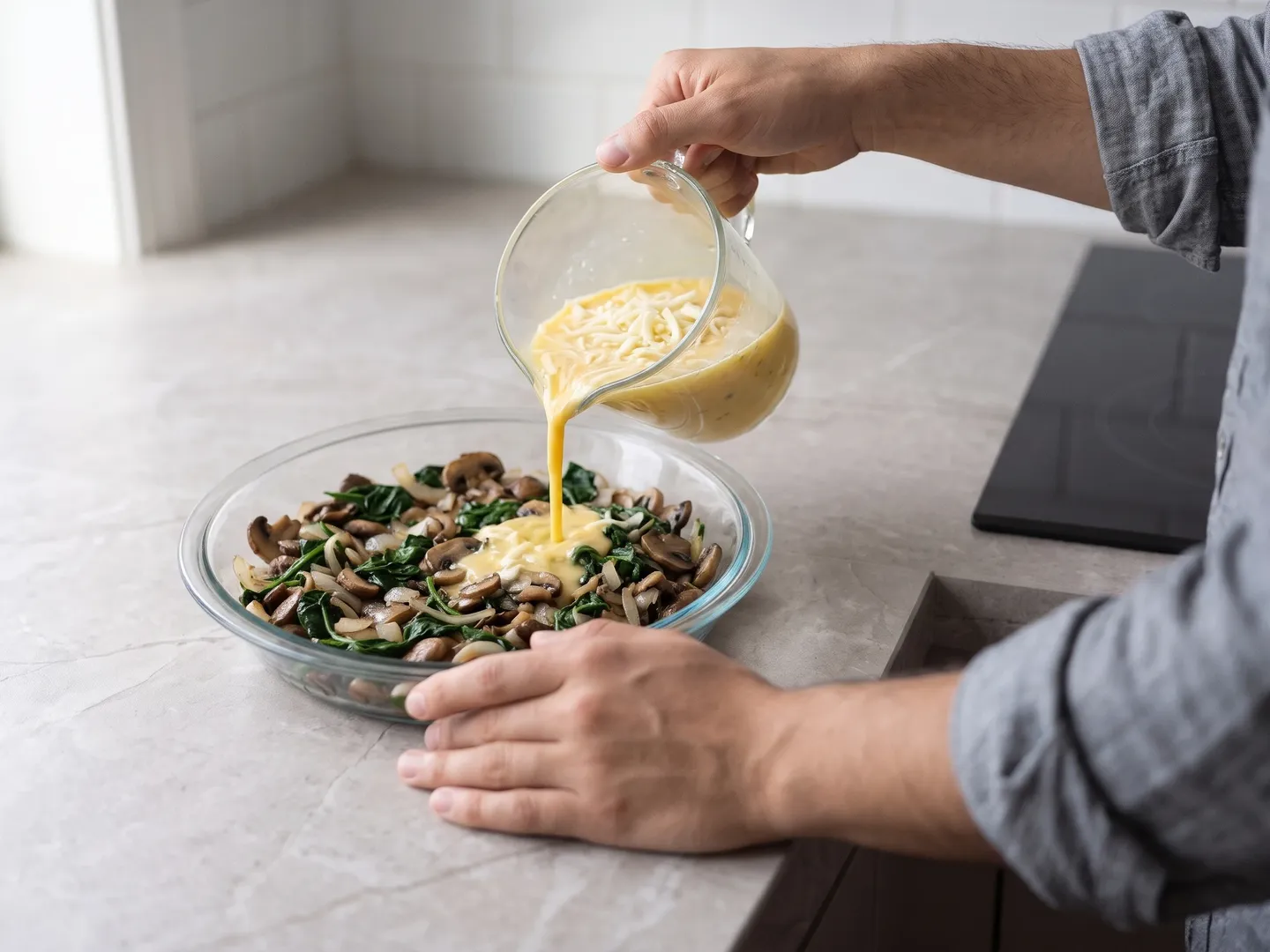 Pouring egg mixture over vegetables in a pie plate