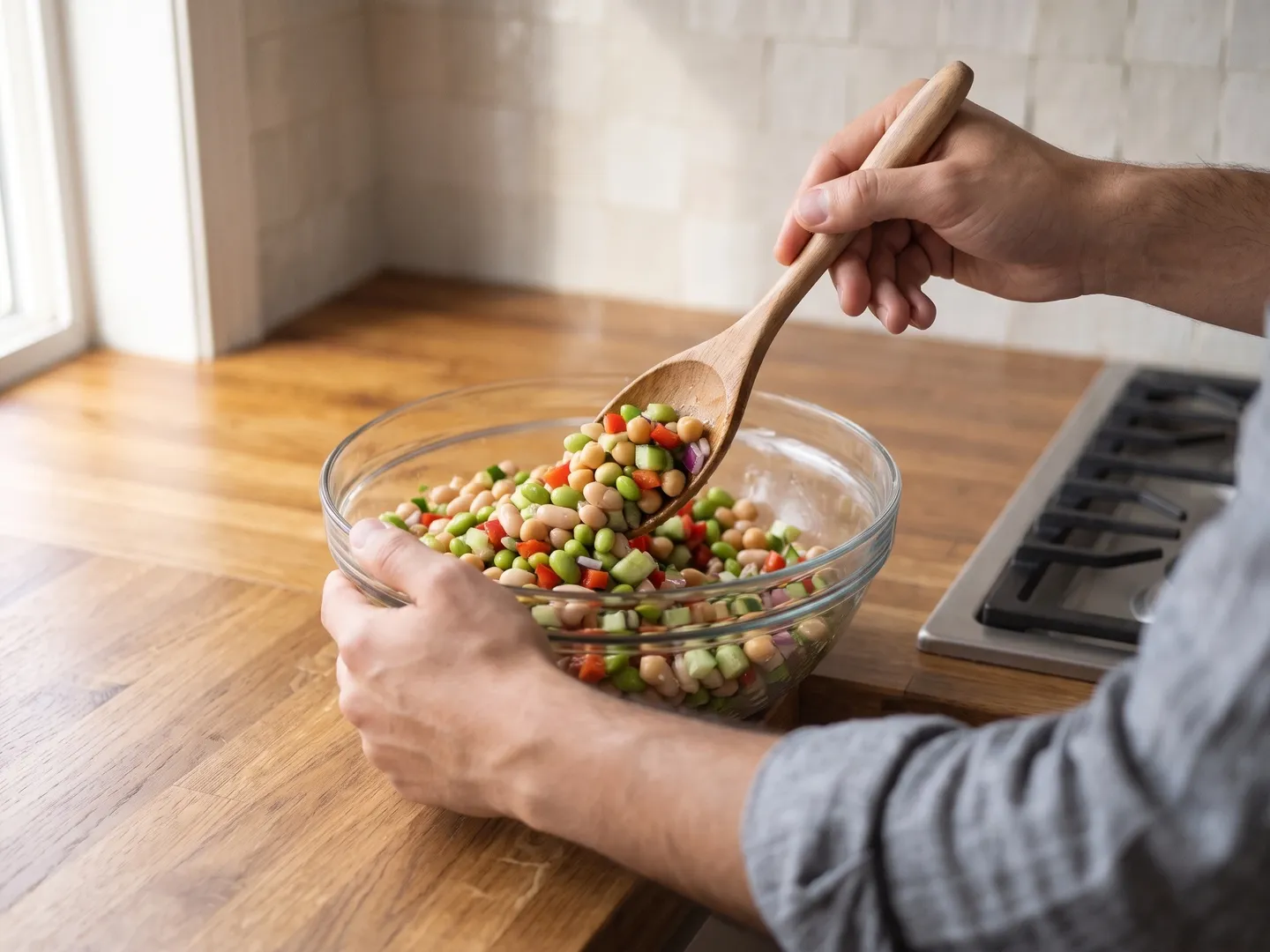Tossing beans and vegetables for dense bean salad