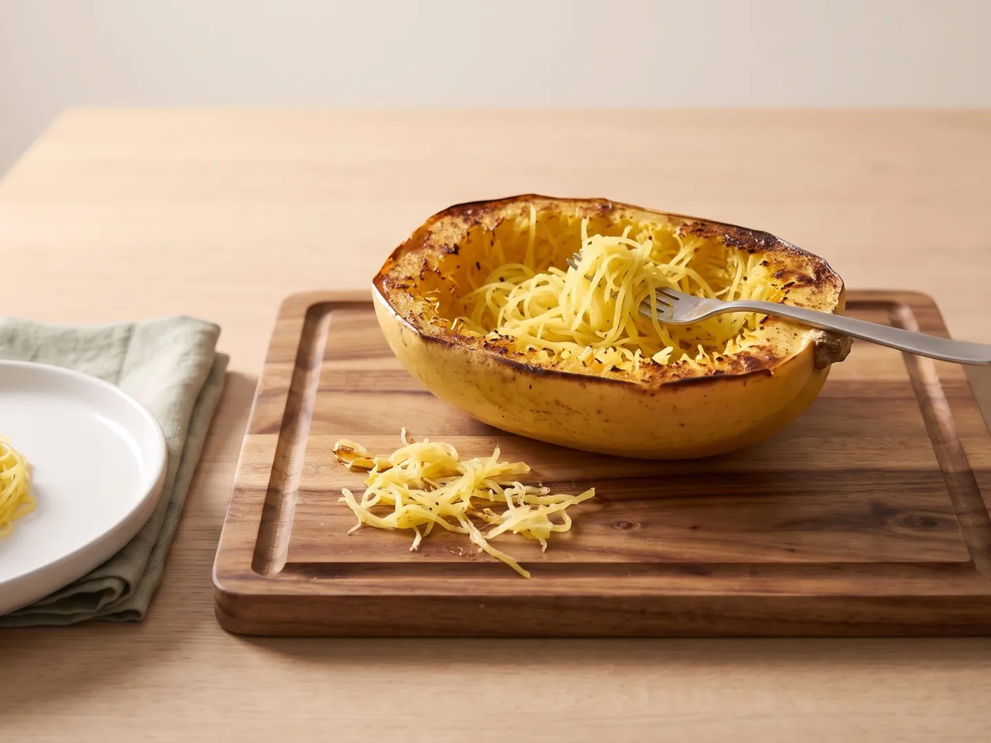 Roasted spaghetti squash half on a board with a plate of strands beside it