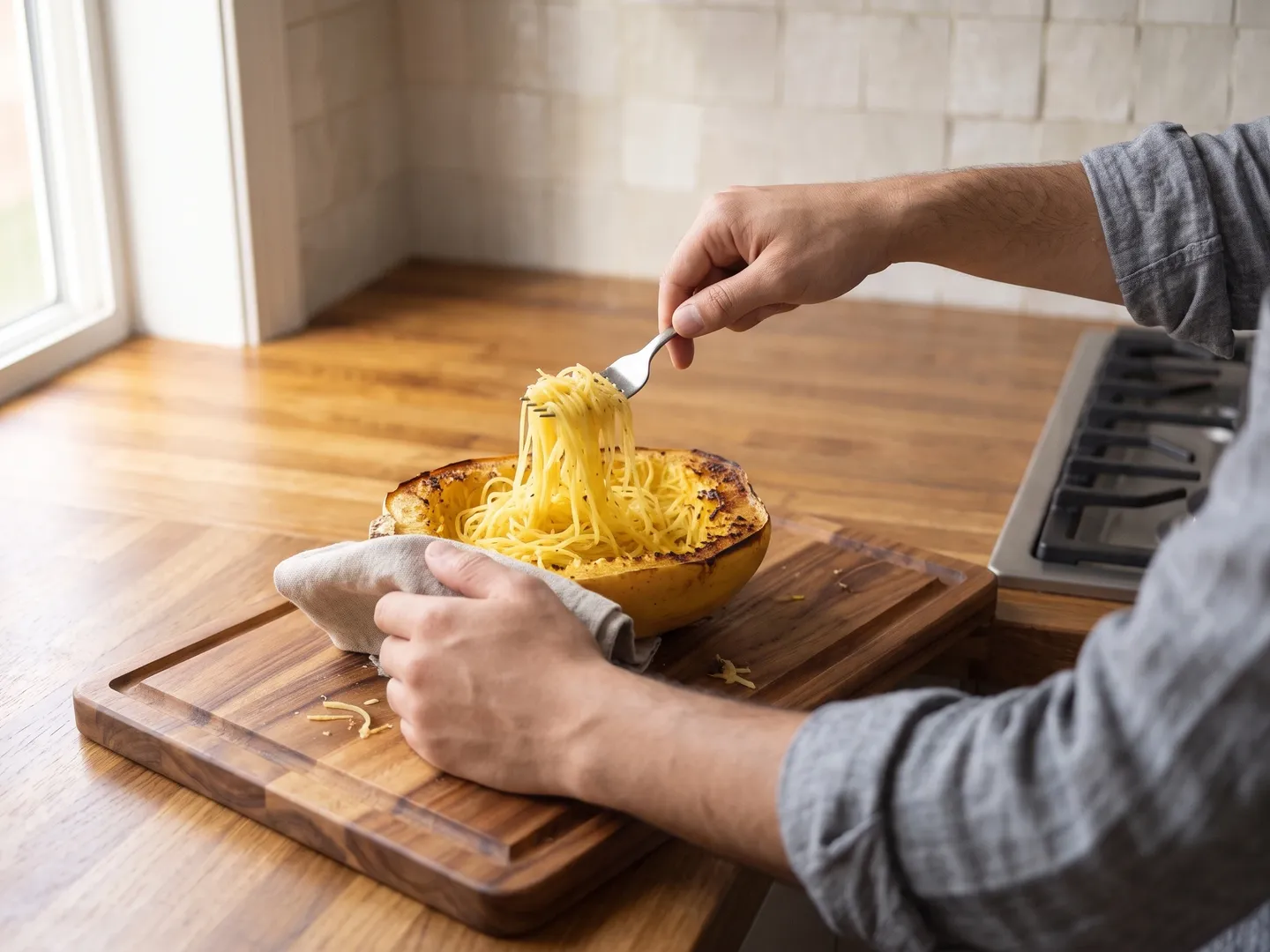 Scraping roasted spaghetti squash into strands